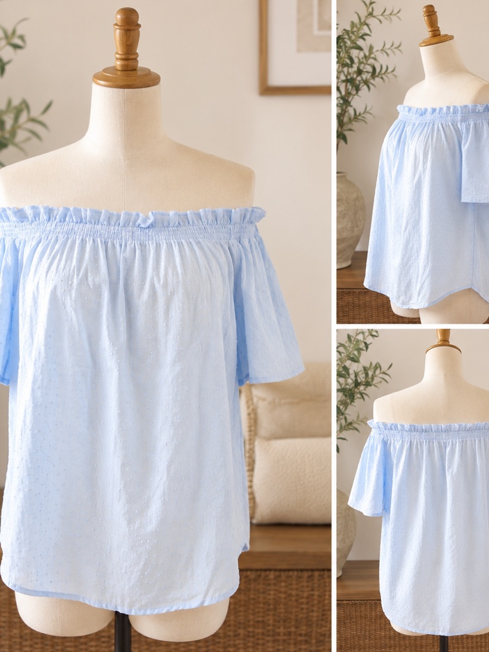 H&M Light Blue Off-Shoulder Ruffle Top